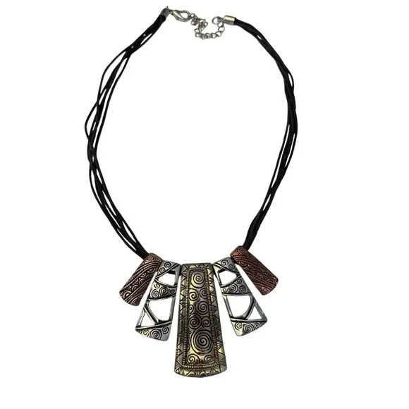 Drop Pendant Necklace Antiqued Metal Design Embossed Black‎ Multi-strand Cord - Picture 11 of 16